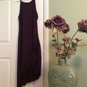 Purple asymmetrical left side ruched slip dress